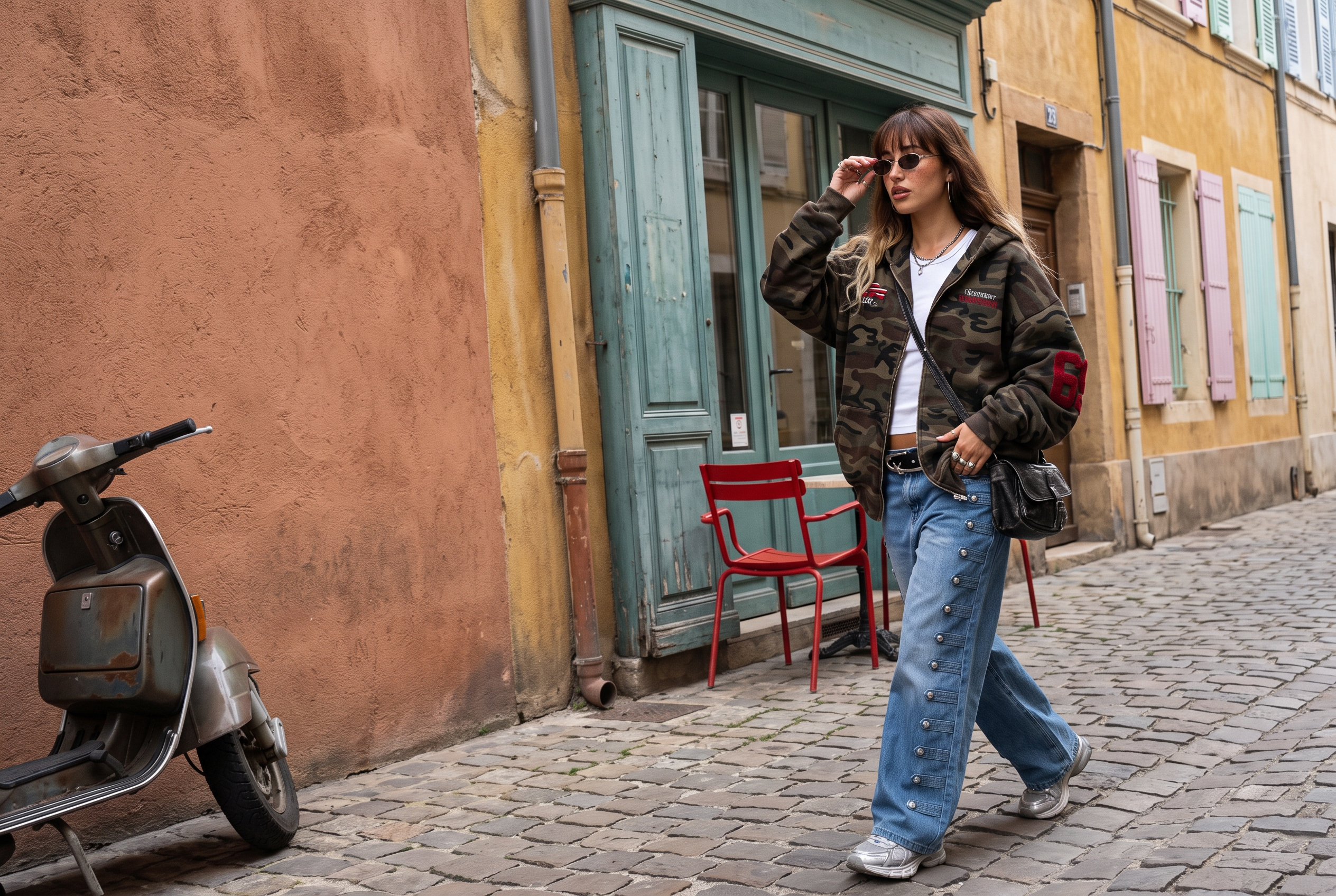 Woman in the DonaGracci camo 69 varsity zip-up hoodie, side snap baggy jeans and chrome star belt walking down a colourful cobblestone street
