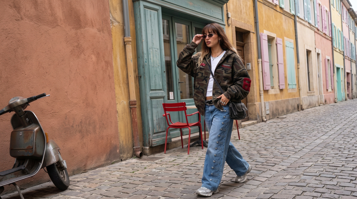 Woman in the DonaGracci camo 69 varsity zip-up hoodie, side snap baggy jeans and chrome star belt walking down a colourful cobblestone street